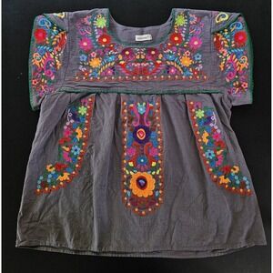 Top Womens XXL Embroidered Traditional Mexican Flowy Floral Boho Peasant Hippie